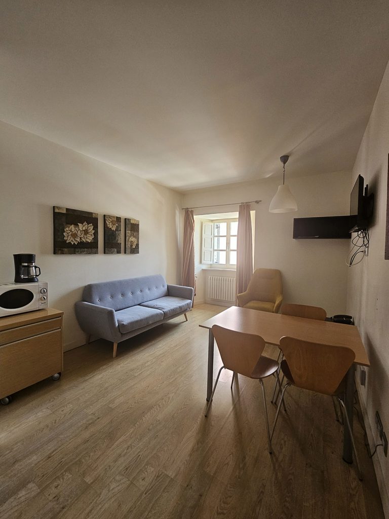 Vista de la sala con mesa, mobiliario y sillón